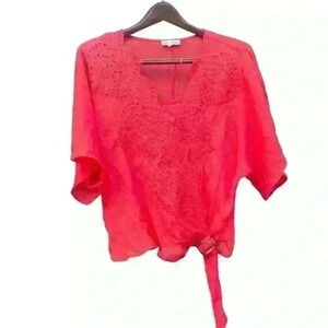 Hope Springs Blouse Eyelet Faux Wrap Waist Tie Buckle Stretch Camisole Boho SZ L